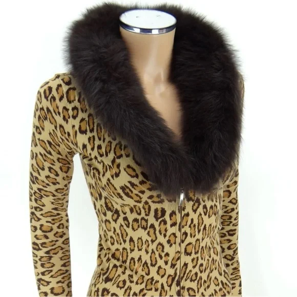 CACHE Zipper Sweater SMALL Leopard Animal Print Fox Fur Collar Knit Cardigan Top - Picture 9 of 15